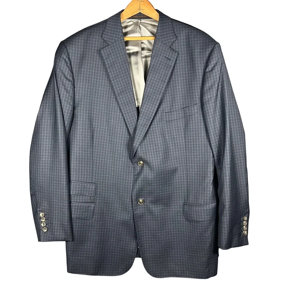 J. Hilburn Sport Coat Mens 48R Navy Blue Wool Micro-Check Tailored Fit Blazer